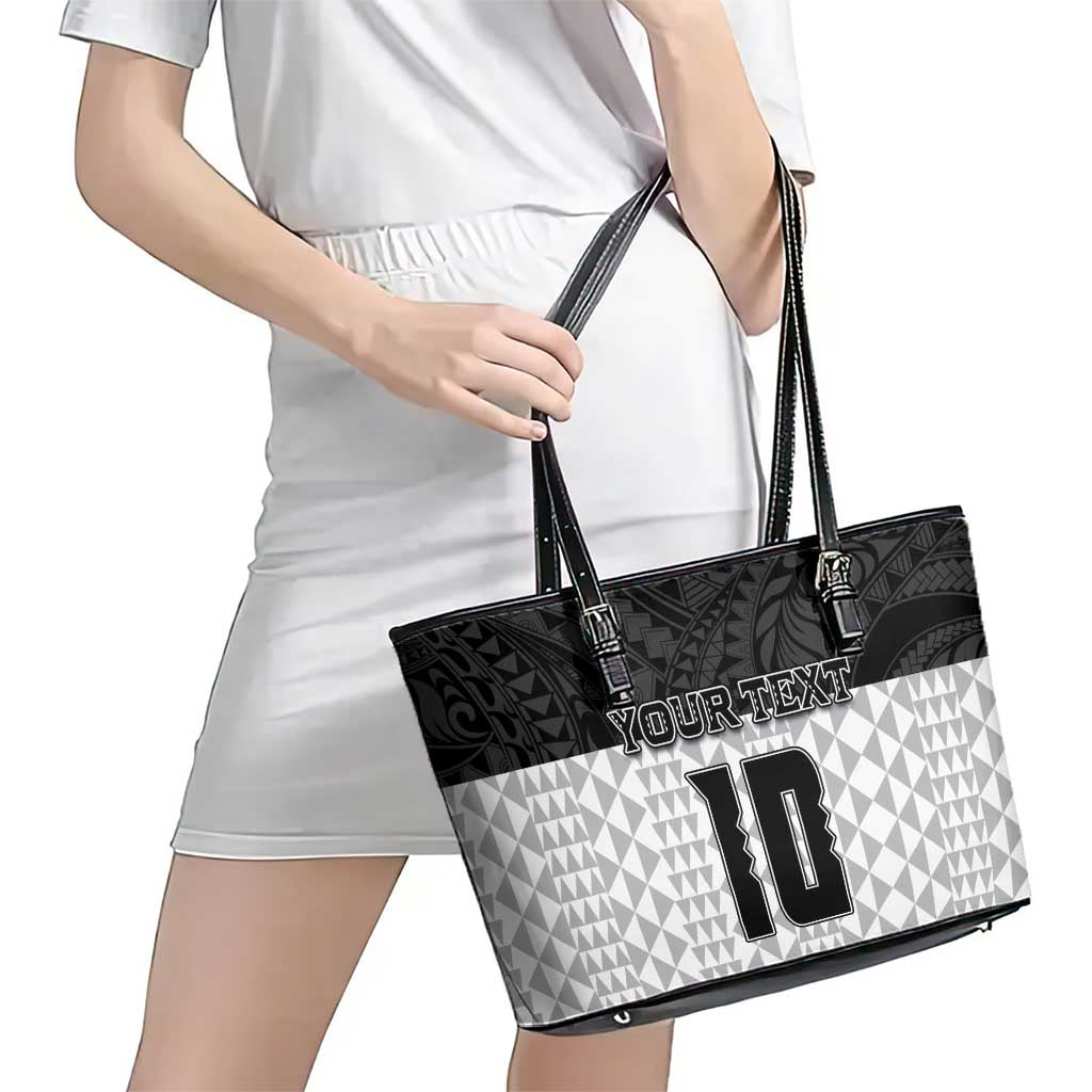 Custom Hawaii Volleyball-Kakau Motif Grayscale Color Leather Tote Bag