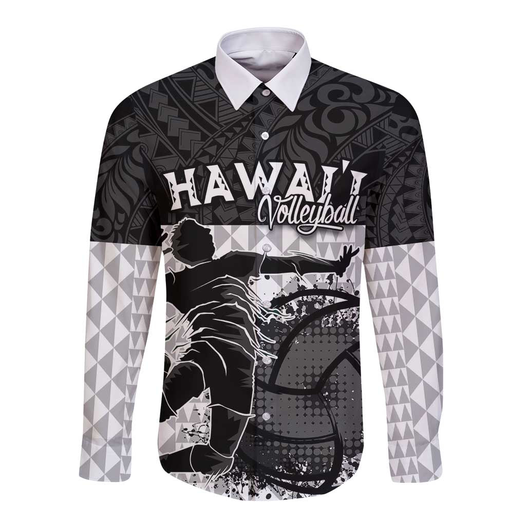 Custom Hawaii Volleyball-Kakau Motif Grayscale Color Long Sleeve Button Shirt