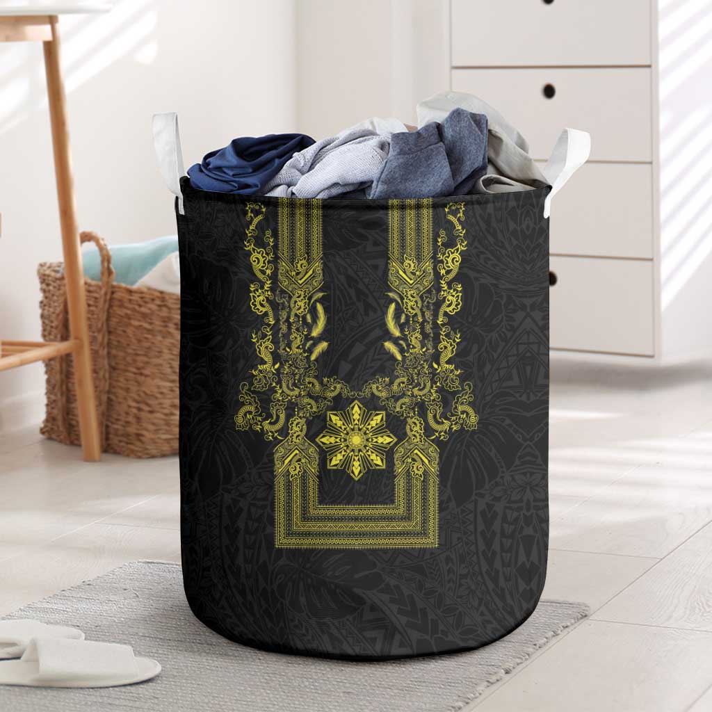 Philippines Barong Style Laundry Basket with Polynesian Art and Leaf Motif Black-Gold Color