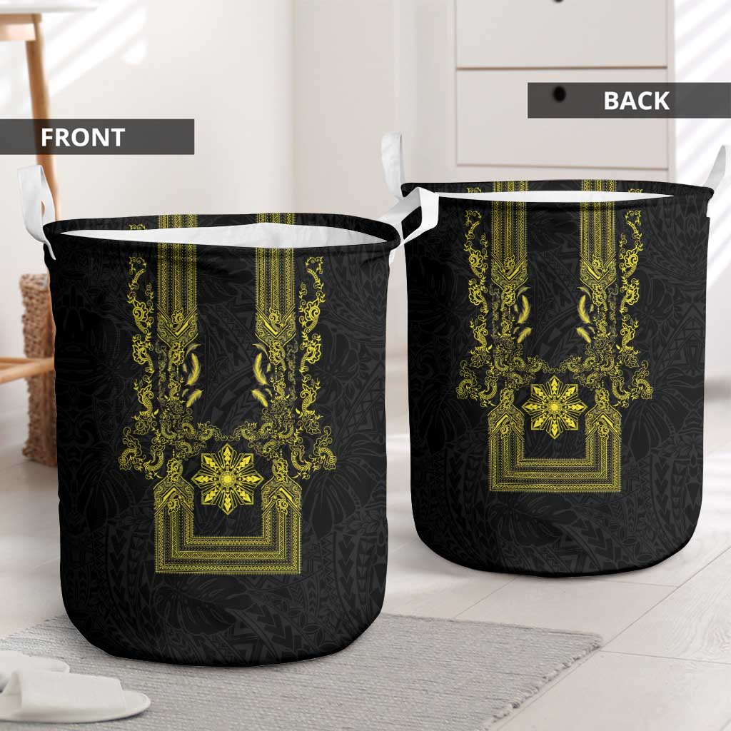 Philippines Barong Style Laundry Basket with Polynesian Art and Leaf Motif Black-Gold Color