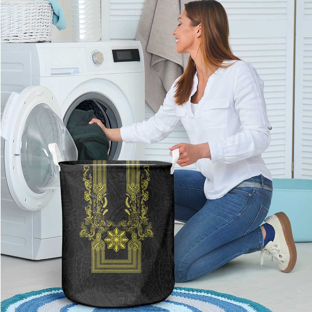 Philippines Barong Style Laundry Basket with Polynesian Art and Leaf Motif Black-Gold Color