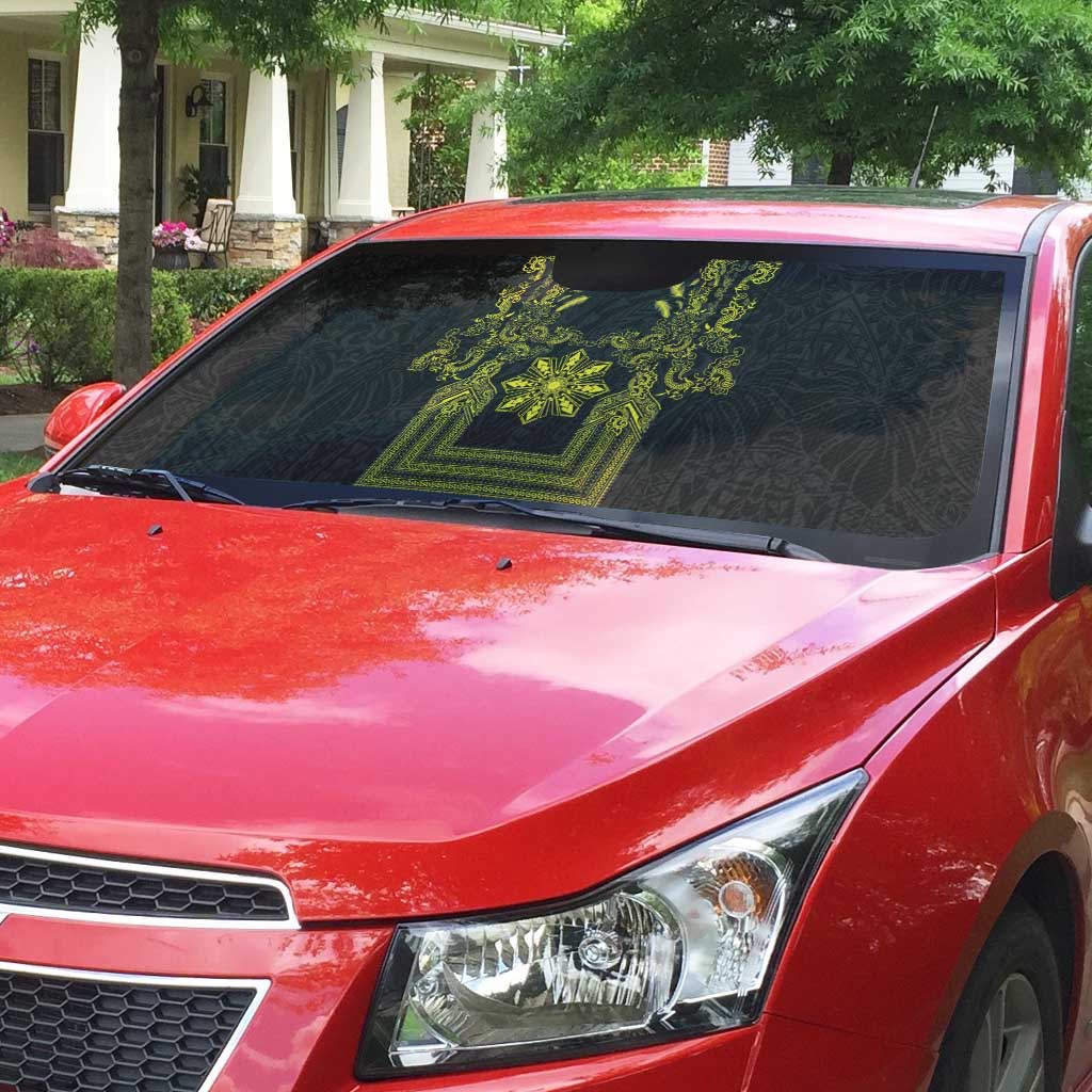 Philippines Barong Style Auto Sun Shade with Polynesian Art and Leaf Motif Black-Gold Color