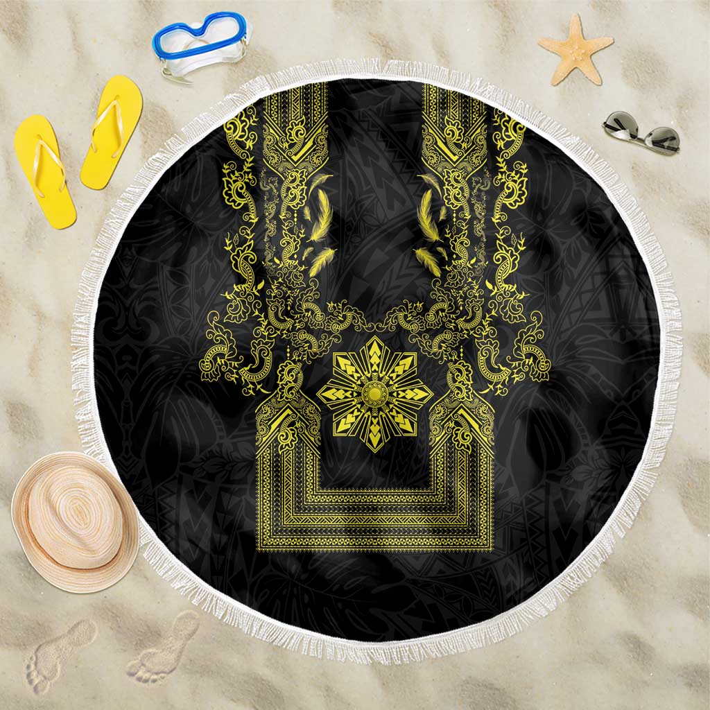 Philippines Barong Style Beach Blanket with Polynesian Art and Leaf Motif Black-Gold Color LT03 One Size 150cm Black - Polynesian Pride