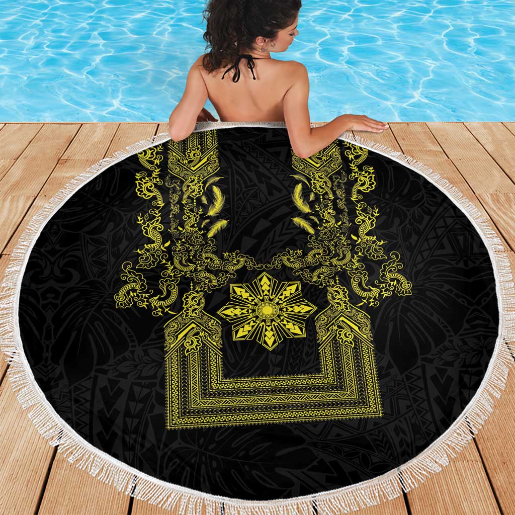 Philippines Barong Style Beach Blanket with Polynesian Art and Leaf Motif Black-Gold Color LT03 - Polynesian Pride