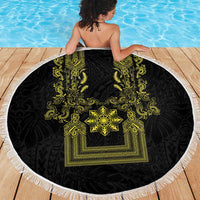 Philippines Barong Style Beach Blanket with Polynesian Art and Leaf Motif Black-Gold Color LT03 - Polynesian Pride