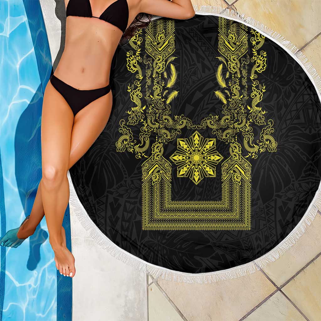 Philippines Barong Style Beach Blanket with Polynesian Art and Leaf Motif Black-Gold Color LT03 - Polynesian Pride
