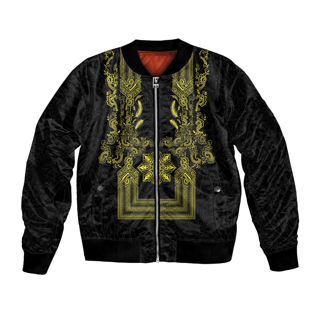 Philippines Barong Style Bomber Jacket with Polynesian Art and Leaf Motif Black-Gold Color LT03 Unisex Black - Polynesian Pride