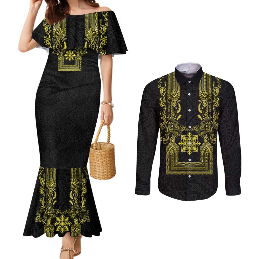 Philippines Barong Style Couples Matching Mermaid Dress and Long Sleeve Button Shirt with Polynesian Art and Leaf Motif Black-Gold Color LT03 Black - Polynesian Pride