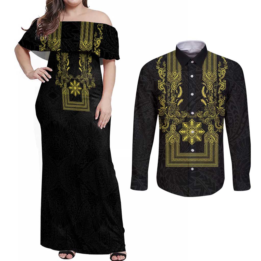 Philippines Barong Style Couples Matching Off Shoulder Maxi Dress and Long Sleeve Button Shirt with Polynesian Art and Leaf Motif Black-Gold Color LT03 Black - Polynesian Pride