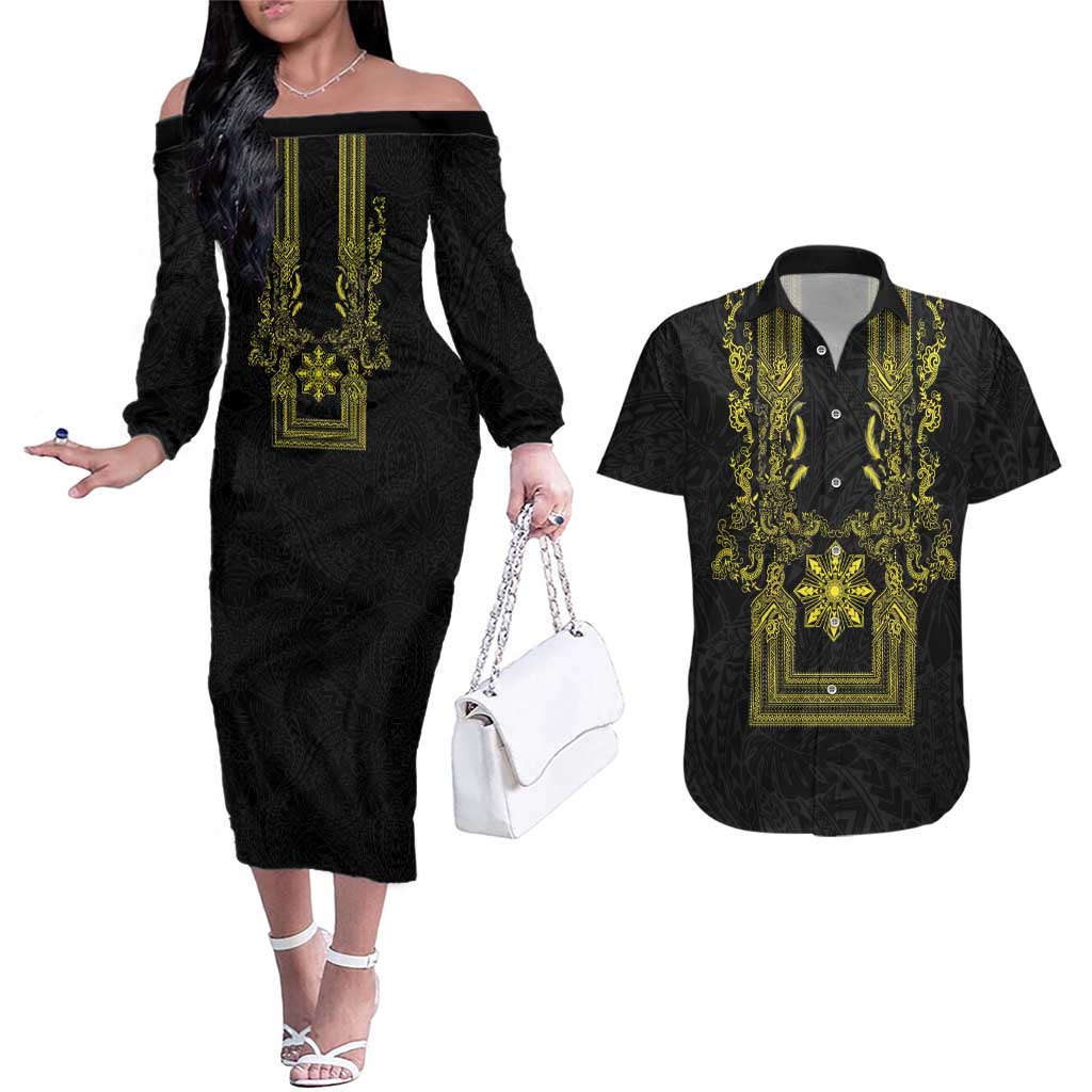 Philippines Barong Style Couples Matching Off The Shoulder Long Sleeve Dress and Hawaiian Shirt with Polynesian Art and Leaf Motif Black-Gold Color LT03 Black - Polynesian Pride