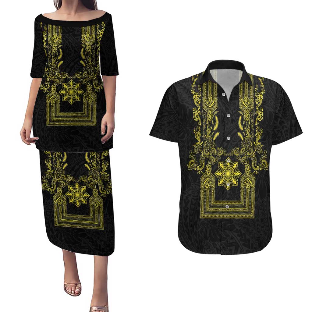 Philippines Barong Style Couples Matching Puletasi and Hawaiian Shirt with Polynesian Art and Leaf Motif Black-Gold Color LT03 Black - Polynesian Pride