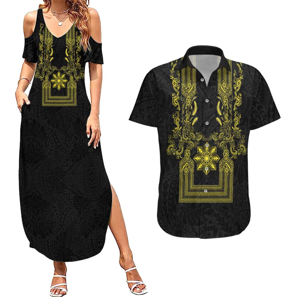 Philippines Barong Style Couples Matching Summer Maxi Dress and Hawaiian Shirt with Polynesian Art and Leaf Motif Black-Gold Color LT03 Black - Polynesian Pride