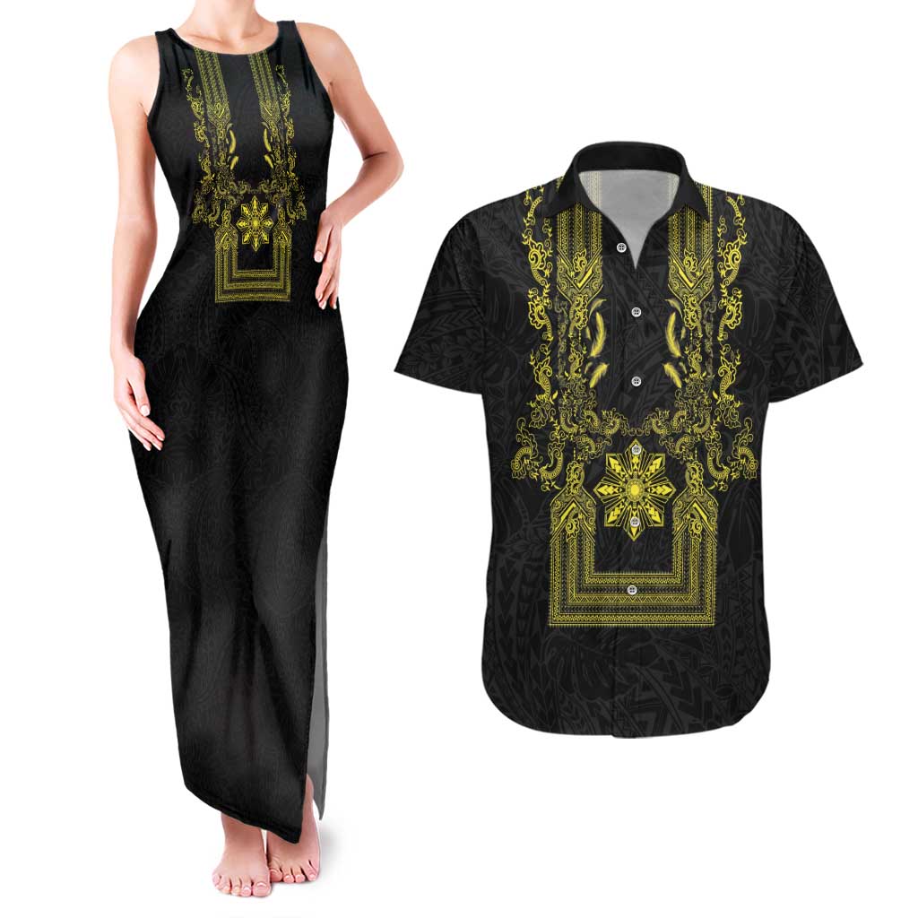 Philippines Barong Style Couples Matching Tank Maxi Dress and Hawaiian Shirt with Polynesian Art and Leaf Motif Black-Gold Color