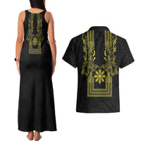 Philippines Barong Style Couples Matching Tank Maxi Dress and Hawaiian Shirt with Polynesian Art and Leaf Motif Black-Gold Color