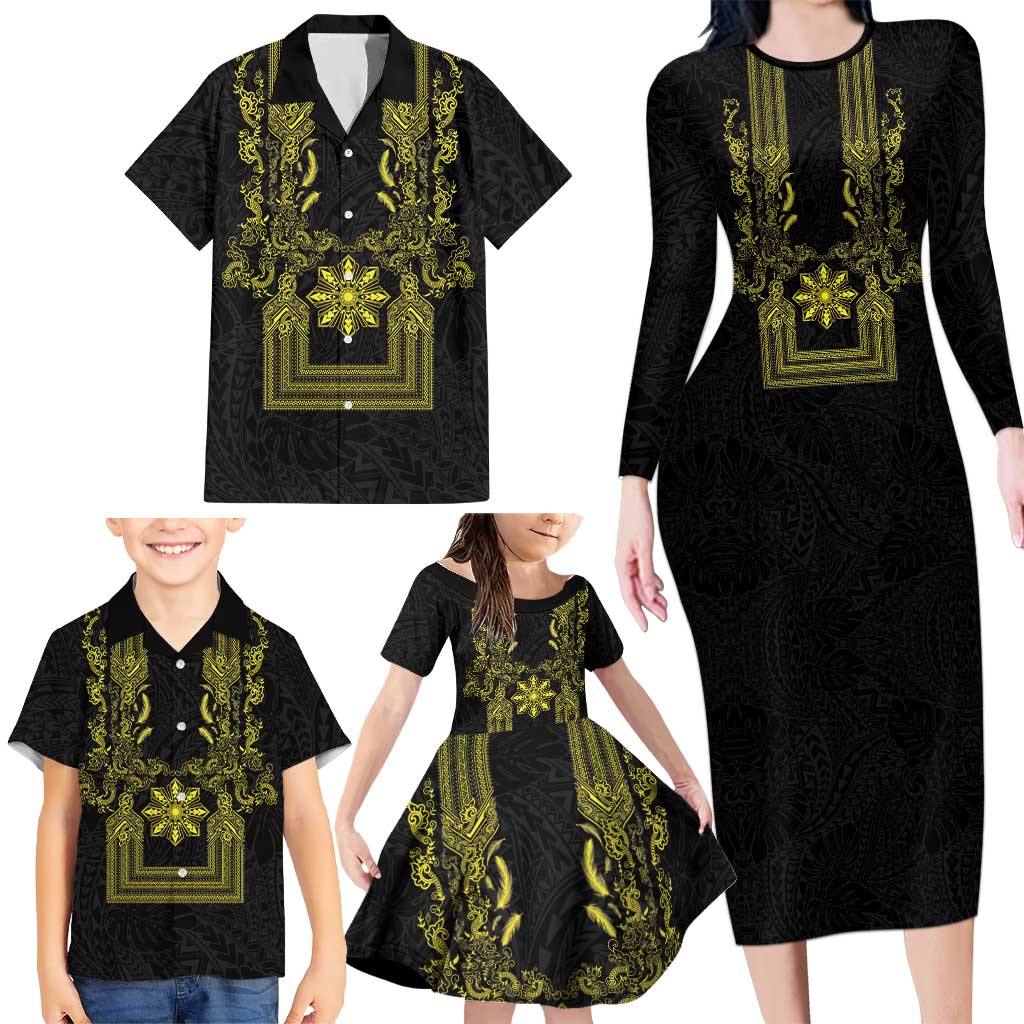 Philippines Barong Style Family Matching Long Sleeve Bodycon Dress and Hawaiian Shirt with Polynesian Art and Leaf Motif Black-Gold Color LT03 - Polynesian Pride