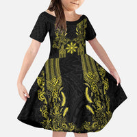 Philippines Barong Style Family Matching Mermaid Dress and Hawaiian Shirt with Polynesian Art and Leaf Motif Black-Gold Color