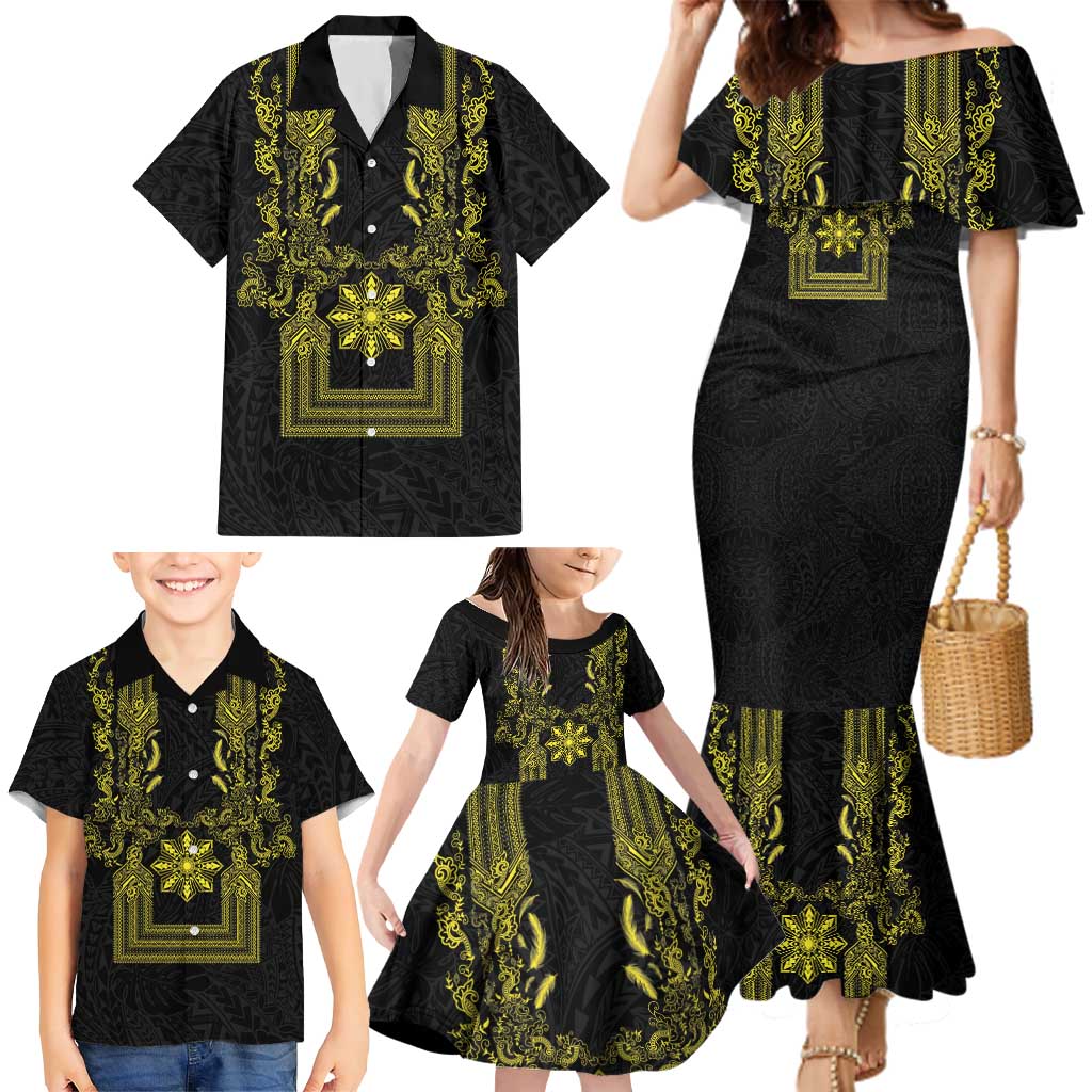 Philippines Barong Style Family Matching Mermaid Dress and Hawaiian Shirt with Polynesian Art and Leaf Motif Black-Gold Color