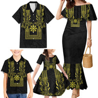 Philippines Barong Style Family Matching Mermaid Dress and Hawaiian Shirt with Polynesian Art and Leaf Motif Black-Gold Color