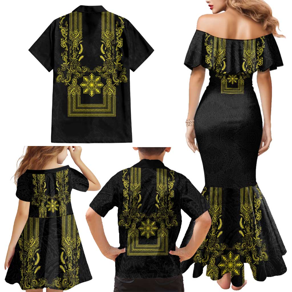 Philippines Barong Style Family Matching Mermaid Dress and Hawaiian Shirt with Polynesian Art and Leaf Motif Black-Gold Color