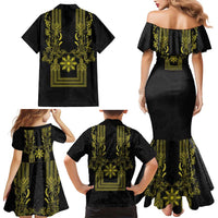 Philippines Barong Style Family Matching Mermaid Dress and Hawaiian Shirt with Polynesian Art and Leaf Motif Black-Gold Color