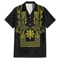 Philippines Barong Style Family Matching Mermaid Dress and Hawaiian Shirt with Polynesian Art and Leaf Motif Black-Gold Color