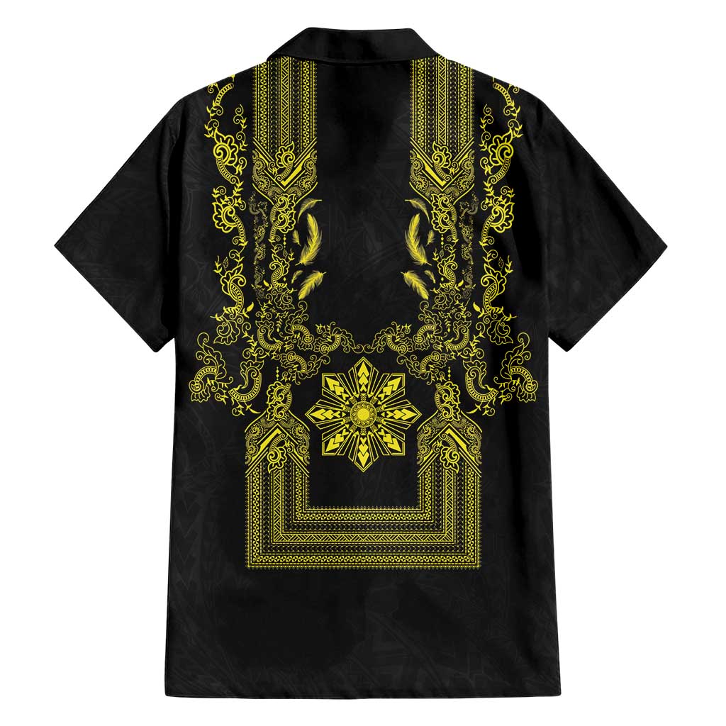 Philippines Barong Style Family Matching Mermaid Dress and Hawaiian Shirt with Polynesian Art and Leaf Motif Black-Gold Color