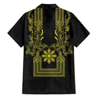 Philippines Barong Style Family Matching Mermaid Dress and Hawaiian Shirt with Polynesian Art and Leaf Motif Black-Gold Color
