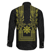 Philippines Barong Style Family Matching Mermaid Dress and Hawaiian Shirt with Polynesian Art and Leaf Motif Black-Gold Color