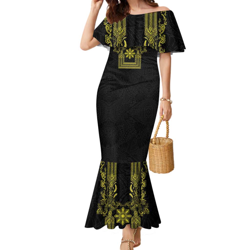 Philippines Barong Style Family Matching Mermaid Dress and Hawaiian Shirt with Polynesian Art and Leaf Motif Black-Gold Color