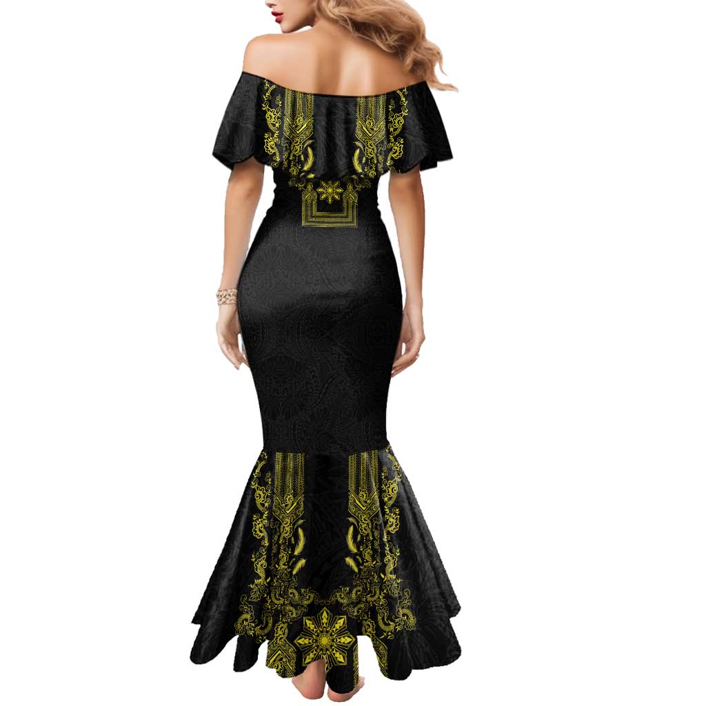 Philippines Barong Style Family Matching Mermaid Dress and Hawaiian Shirt with Polynesian Art and Leaf Motif Black-Gold Color