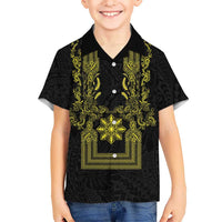 Philippines Barong Style Family Matching Mermaid Dress and Hawaiian Shirt with Polynesian Art and Leaf Motif Black-Gold Color