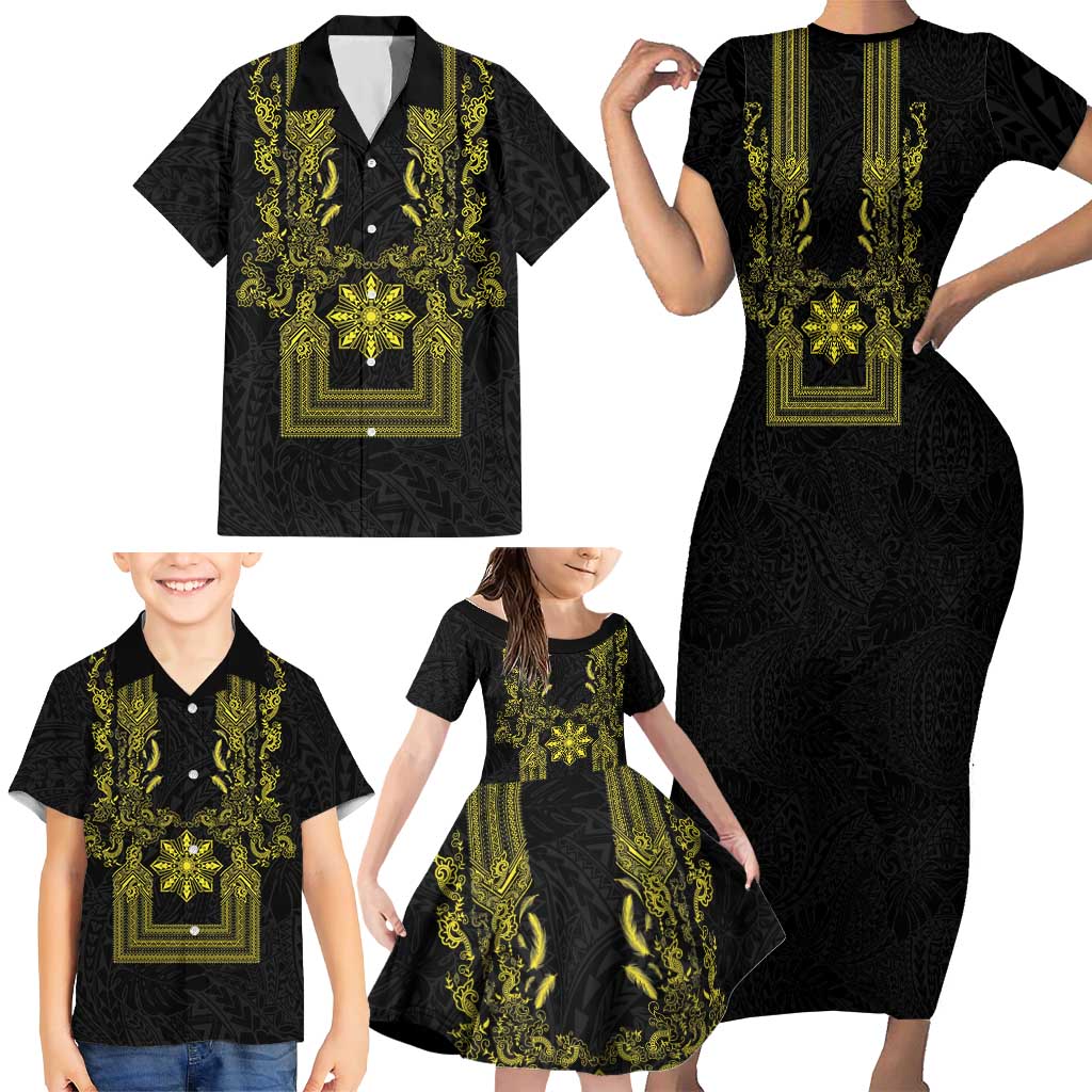 Philippines Barong Style Family Matching Short Sleeve Bodycon Dress and Hawaiian Shirt with Polynesian Art and Leaf Motif Black-Gold Color LT03 - Polynesian Pride
