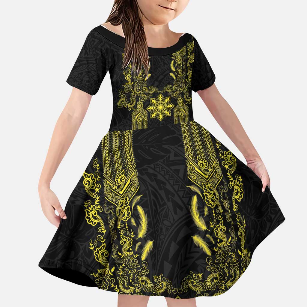 Philippines Barong Style Family Matching Summer Maxi Dress and Hawaiian Shirt with Polynesian Art and Leaf Motif Black-Gold Color