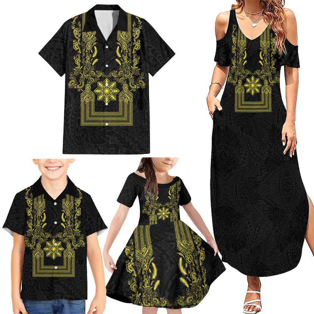 Philippines Barong Style Family Matching Summer Maxi Dress and Hawaiian Shirt with Polynesian Art and Leaf Motif Black-Gold Color