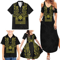 Philippines Barong Style Family Matching Summer Maxi Dress and Hawaiian Shirt with Polynesian Art and Leaf Motif Black-Gold Color