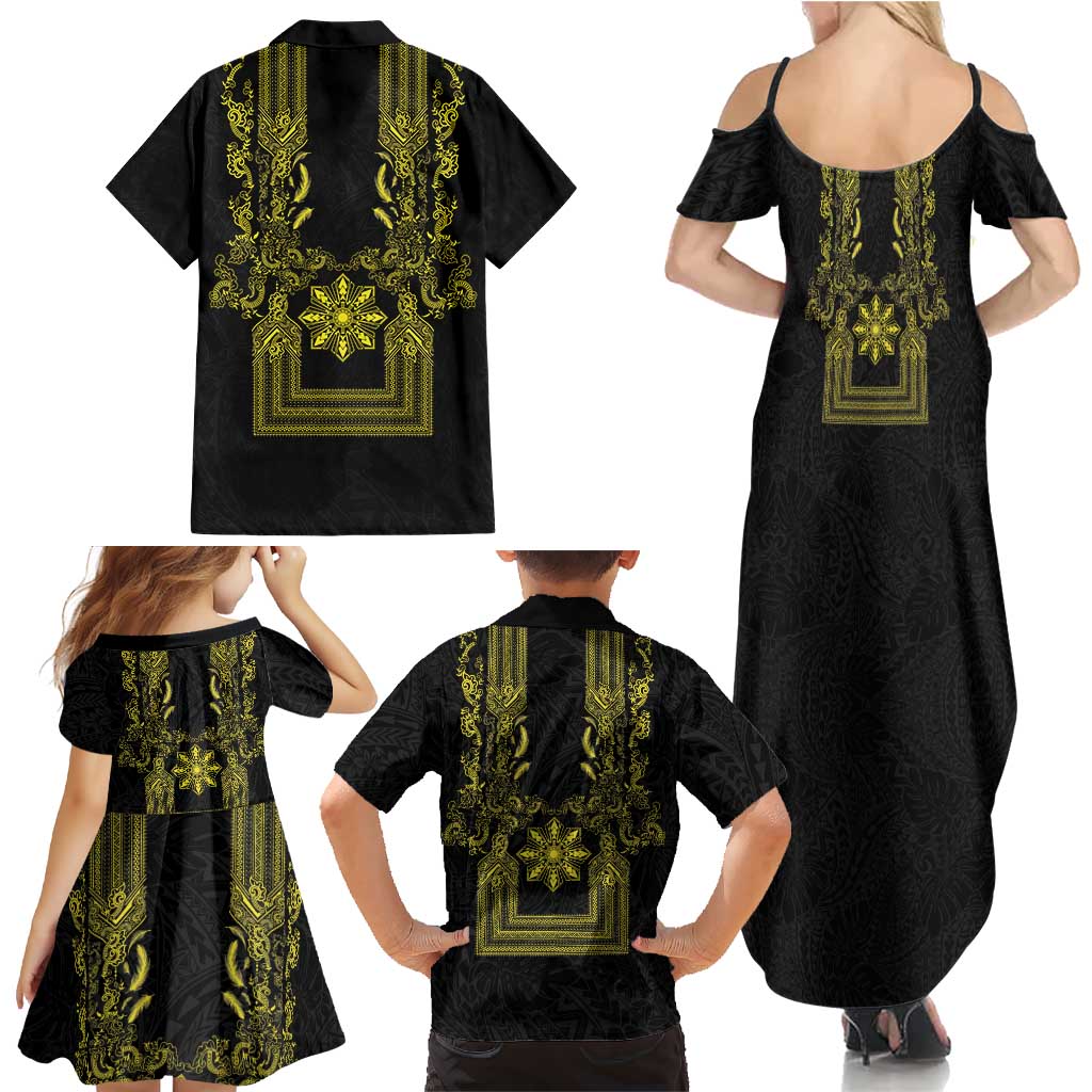 Philippines Barong Style Family Matching Summer Maxi Dress and Hawaiian Shirt with Polynesian Art and Leaf Motif Black-Gold Color