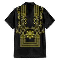 Philippines Barong Style Family Matching Summer Maxi Dress and Hawaiian Shirt with Polynesian Art and Leaf Motif Black-Gold Color