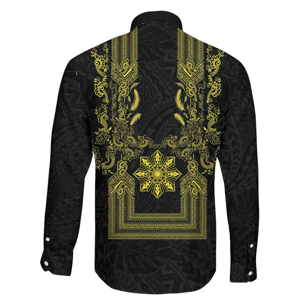Philippines Barong Style Family Matching Summer Maxi Dress and Hawaiian Shirt with Polynesian Art and Leaf Motif Black-Gold Color