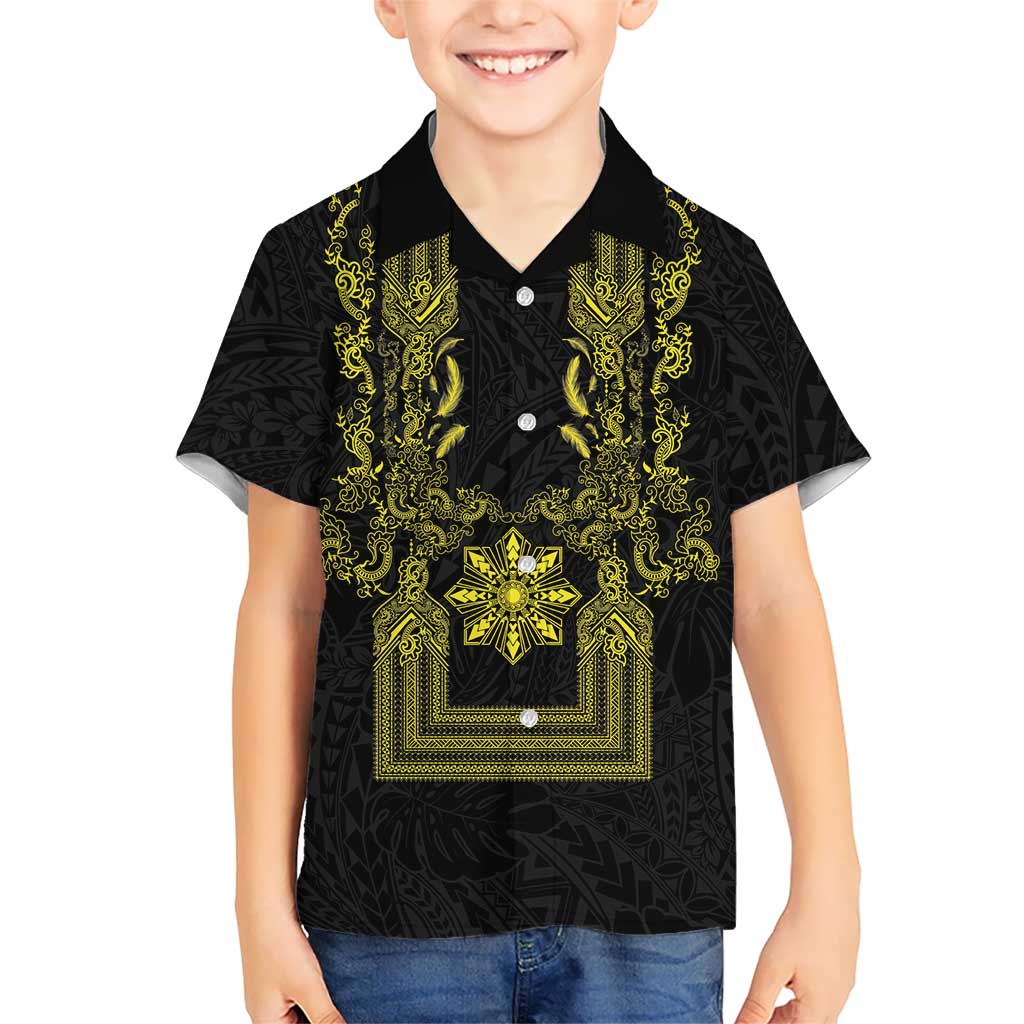Philippines Barong Style Family Matching Summer Maxi Dress and Hawaiian Shirt with Polynesian Art and Leaf Motif Black-Gold Color