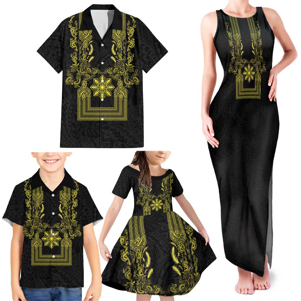 Philippines Barong Style Family Matching Tank Maxi Dress and Hawaiian Shirt with Polynesian Art and Leaf Motif Black-Gold Color