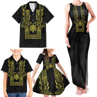 Philippines Barong Style Family Matching Tank Maxi Dress and Hawaiian Shirt with Polynesian Art and Leaf Motif Black-Gold Color