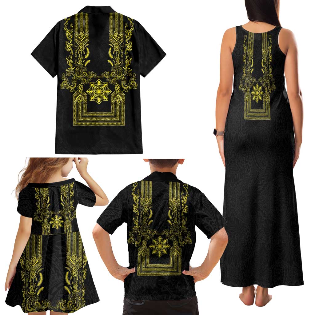 Philippines Barong Style Family Matching Tank Maxi Dress and Hawaiian Shirt with Polynesian Art and Leaf Motif Black-Gold Color