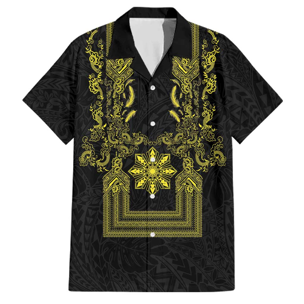 Philippines Barong Style Family Matching Tank Maxi Dress and Hawaiian Shirt with Polynesian Art and Leaf Motif Black-Gold Color