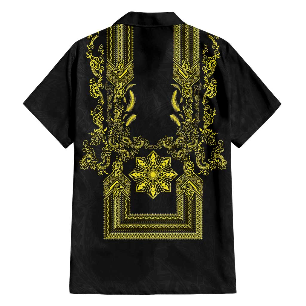 Philippines Barong Style Family Matching Tank Maxi Dress and Hawaiian Shirt with Polynesian Art and Leaf Motif Black-Gold Color