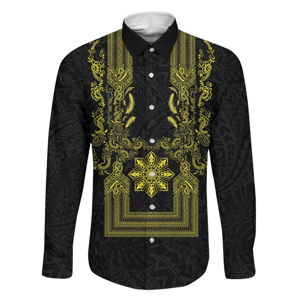 Philippines Barong Style Family Matching Tank Maxi Dress and Hawaiian Shirt with Polynesian Art and Leaf Motif Black-Gold Color