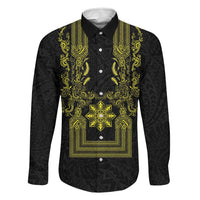 Philippines Barong Style Family Matching Tank Maxi Dress and Hawaiian Shirt with Polynesian Art and Leaf Motif Black-Gold Color