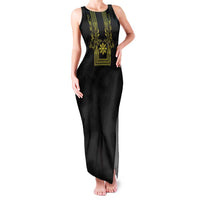 Philippines Barong Style Family Matching Tank Maxi Dress and Hawaiian Shirt with Polynesian Art and Leaf Motif Black-Gold Color
