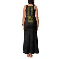 Philippines Barong Style Family Matching Tank Maxi Dress and Hawaiian Shirt with Polynesian Art and Leaf Motif Black-Gold Color