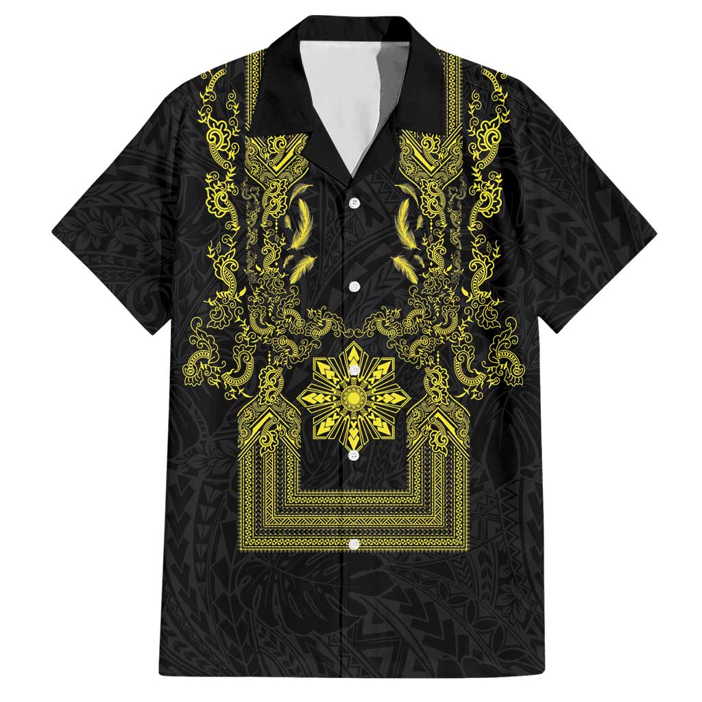 Philippines Barong Style Hawaiian Shirt with Polynesian Art and Leaf Motif Black-Gold Color LT03 Black - Polynesian Pride