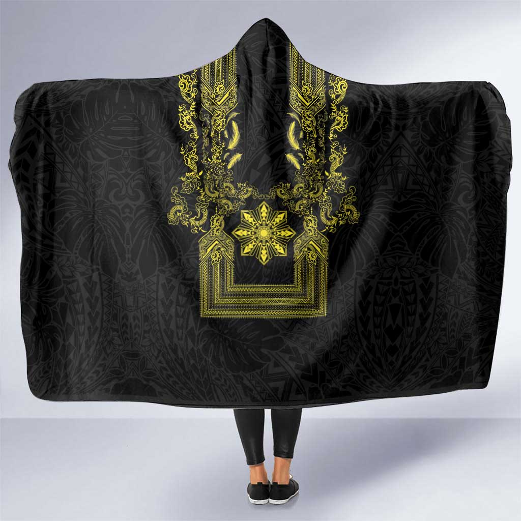Philippines Barong Style Hooded Blanket with Polynesian Art and Leaf Motif Black-Gold Color LT03 One Size Black - Polynesian Pride
